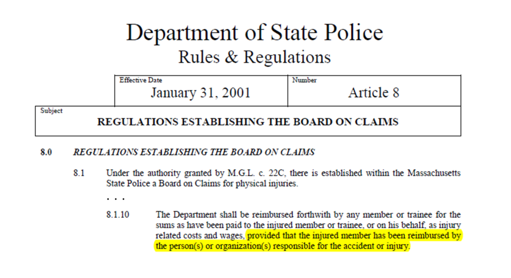 Massachusetts State Police Rules and Regulations Sec. 8.1.10